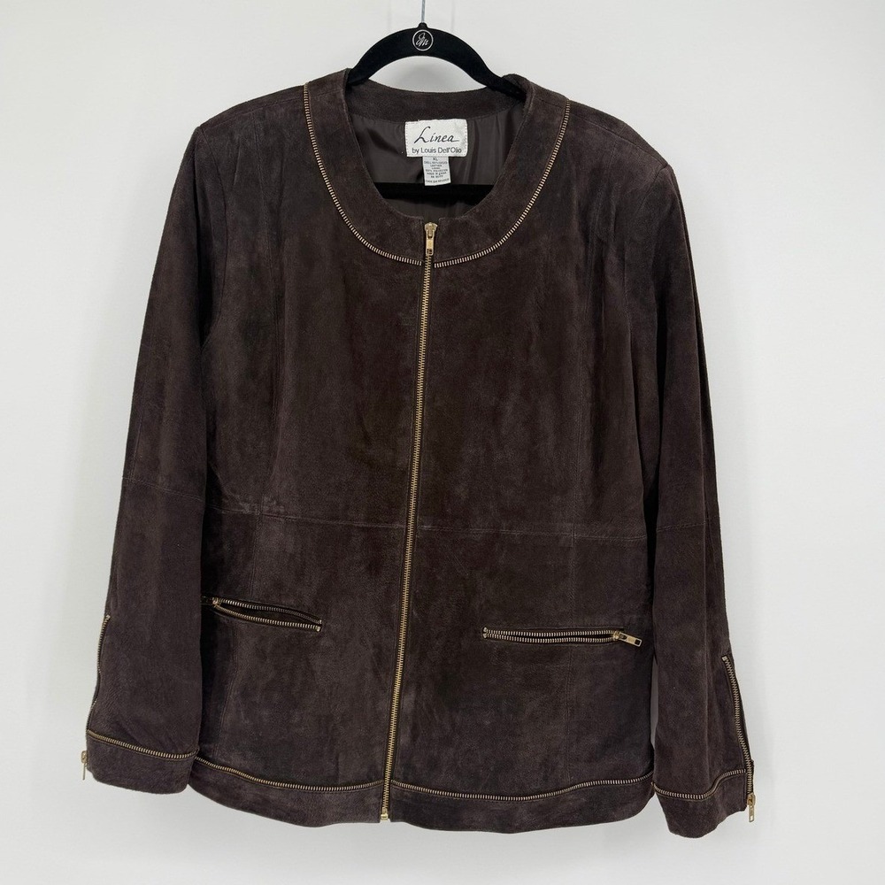 Linea by Louis Dell'Olio Brown Sueded Leather Jacket XL Gold Zipper Trim Moto